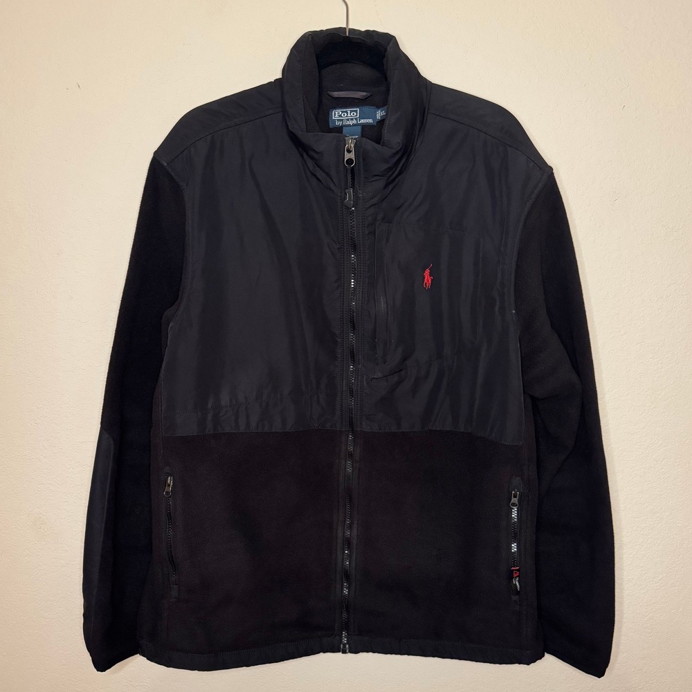 Polo Ralph Lauren Mens XL Black Fleece Nylon Hybrid Full Zip Jacket Red Pony